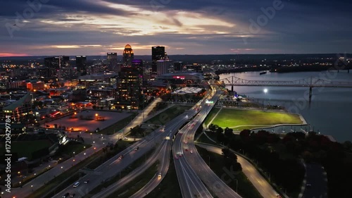 Night view of louisville skyline and the ohio river, kentucky, usa