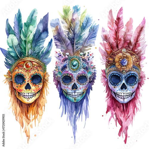 Mexican Face Parade, watercolor painting vector, isolated on a white background.