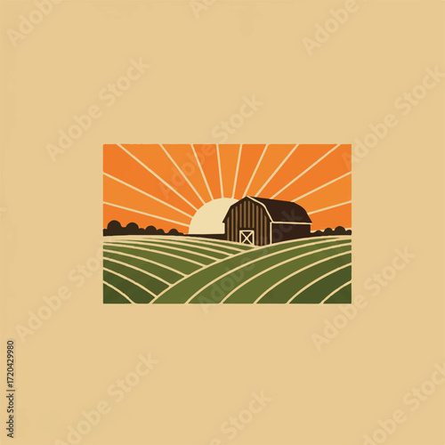 Stylized barn on rolling green hills at sunrise