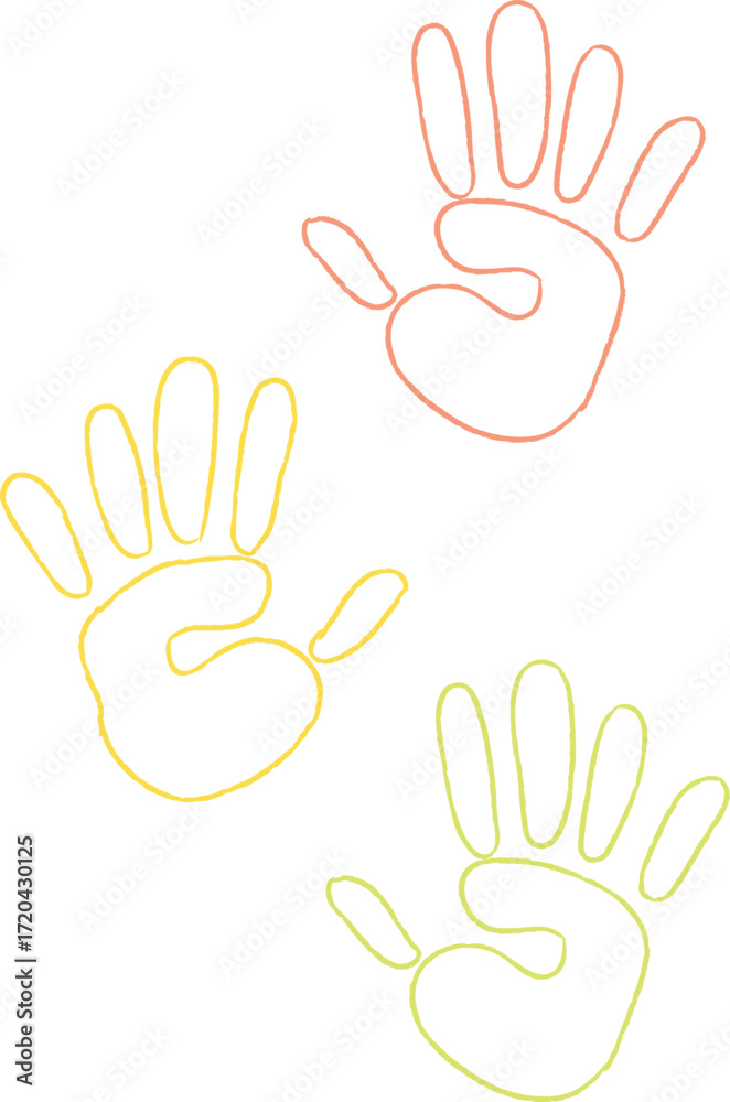 Fototapeta premium Colorful Handprint Outlines on White Background for Creative Projects and Designs