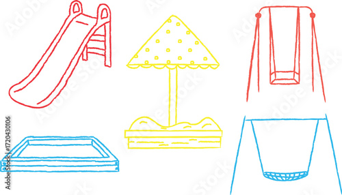 Playground Equipment Sketch Slide Sandbox and Swings in Red Yellow and Blue