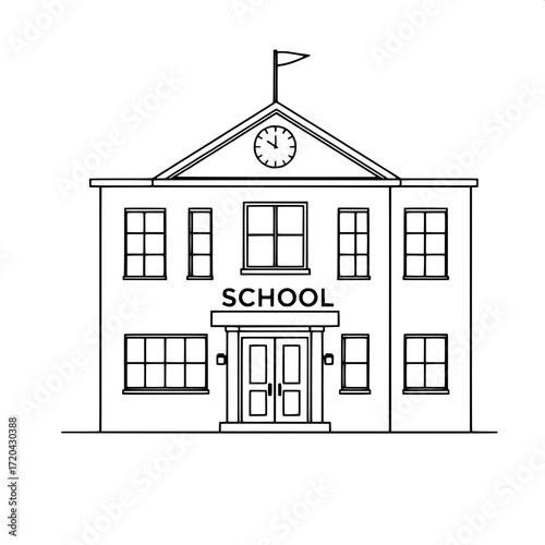 “Minimalist black and white line illustration of a school building, frontal view, two stories with square grid windows, bold sans-serif ‘SCHOOL’ sign above entrance, centered clock in the gable, small