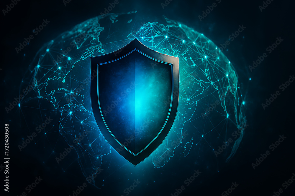 Fototapeta premium blue shield on digital global connection background