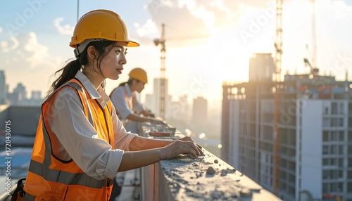Two female construction workers stand on the edge of a high-rise building and enjoy the city view before starting their workday