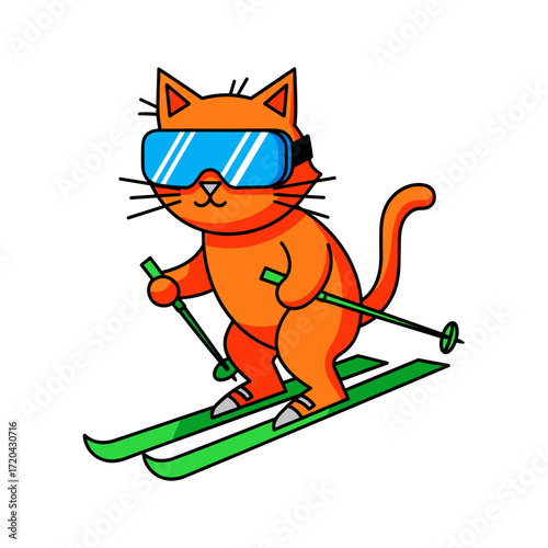 Adorable orange cat wearing ski goggles skiing down a slope.