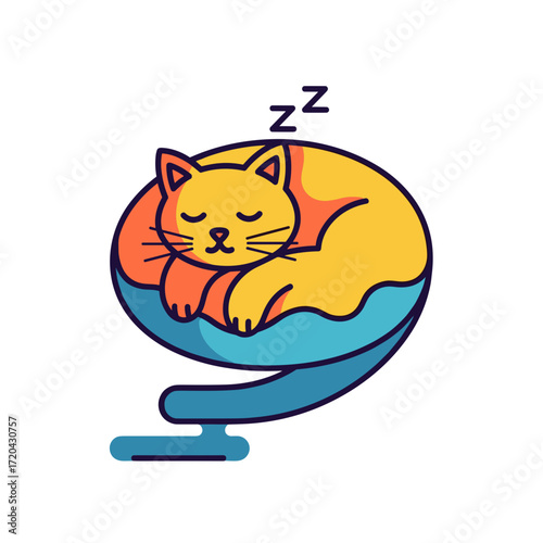 Adorable yellow cartoon cat sleeping soundly curled in blue bed Zz above head.