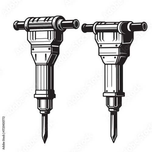 Detailed black and white vector illustration of two pneumatic construction jackhammers