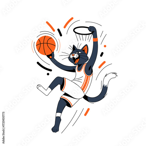Athletic Black Cat Dunking Basketball in Orange and White Jersey.