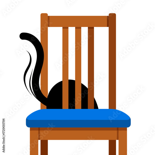 Black Cat Hiding Behind Wooden Chair with Blue Cushion.