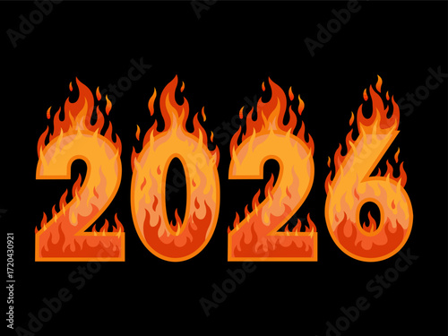 Fiery graphic of 2026 in bold orange and yellow flames against a black background. Perfect for new year, event promotions or impactful designs