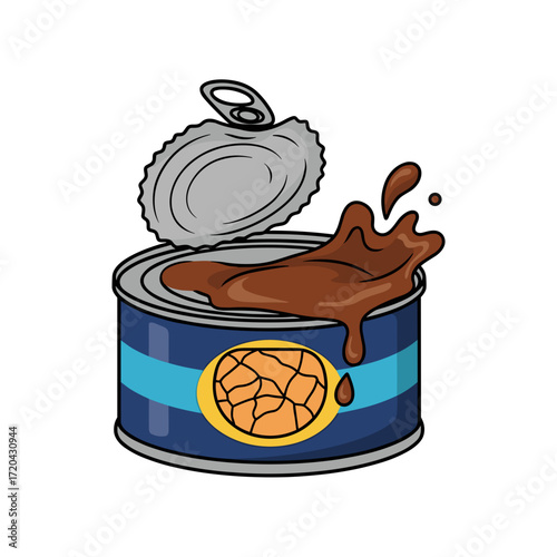 Cartoon illustration of an open blue tin can with a ring pull lid overflowing with a messy brown sauce.