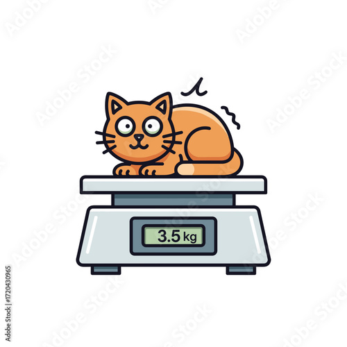 Cartoon Orange Cat Lying on a Scale Showing 35 kg Whiskers and Tail Visible.