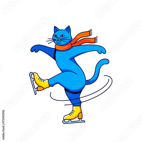Dynamic blue cartoon cat ice skating with orange scarf and yellow skates.