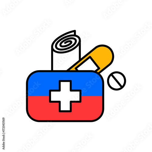 First Aid Kit Icon with Bandage Pill and Medical Supplies.