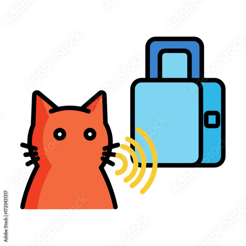 Orange cat head icon with sound waves interacting with blue padlock voice security.
