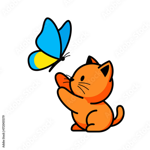 Playful orange cartoon kitten reaching for a vibrant blue and yellow butterfly cute vector illustration.