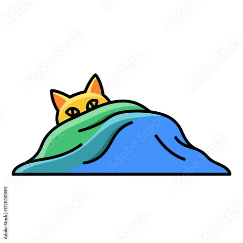 Playful Orange Cat Partially Hidden Under a Colorful Blanket.