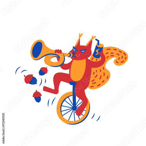 Colorful cartoon vector of a squirrel on a unicycle, blowing a trumpet, holding a bottle, with acorns falling, playful and humorous animal illustration. Isolated on a white background 