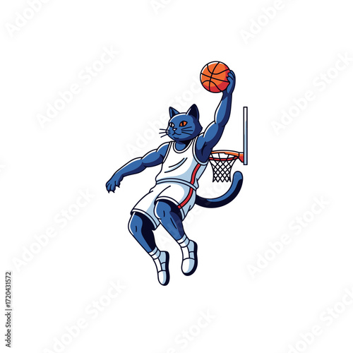 Vibrant blue cartoon cat athlete in white jersey dunking orange basketball with power and agility.