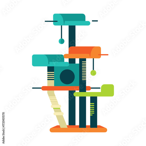 Vibrant multitiered cat tree condo flat design illustration with scratching posts and perches.