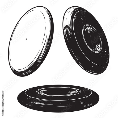 Three vector illustrations of frisbees in different perspectives showcasing play and sport