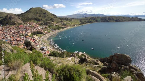 Copacabana town and lake titicaca seen from cerro calvario, bolivia