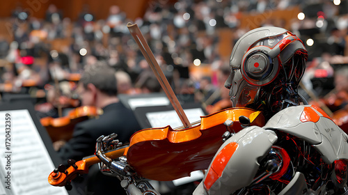 Robot playing violin in an orchestra setting with audience in background