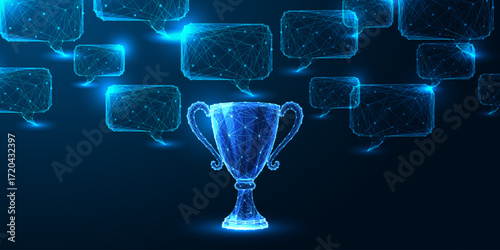 AI-driven achievement and leadership communication concept. Glowing trophy and chat bubbles vector