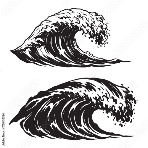Two stylized black and white ocean waves isolated on white background
