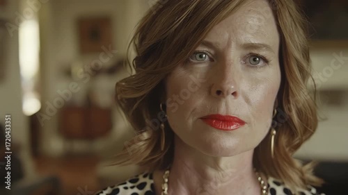 Emotional Moment of a Woman With Striking Red Lips Reflecting Deep Thoughts in a Cozy Interior Setting. Generative AI