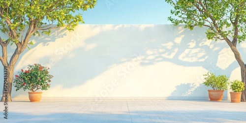 Minimal outdoor courtyard garden with sunlight shadow. Tranquility of nature and tree in patio. Bright scene, peaceful environment, modern architecture, elegant composition, serene background, open