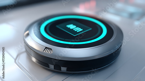 Circular smart device with glowing blue ring and digital display on a sleek surface