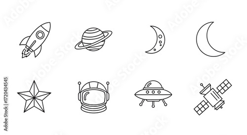 A diverse collection of minimalist line art icons depicting outer space exploration, celestial bodies, and futuristic cosmic elements. Perfect for science, technology, and astronomy-themed designs