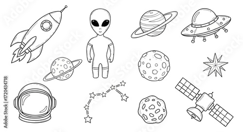 A whimsical outer space adventure in monochrome illustrations