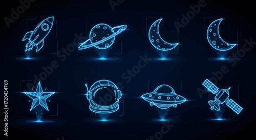 A collection of futuristic holographic space icons, including a rocket, planet, moon, star, astronaut helmet, UFO, and satellite, presented on a dark blue background