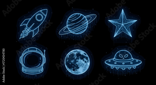 Luminous digital space icons set showcasing celestial bodies and exploration elements on a dark, futuristic background for modern design projects