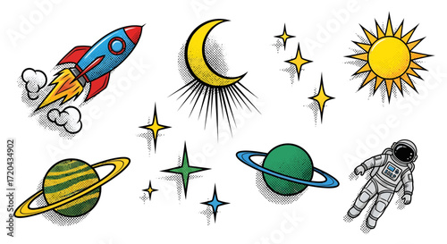 Colorful Space-Themed Illustrations Rocket, Planets, Moon, Sun, and Astronaut in a Pop Art Style