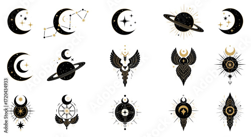 A collection of mystical celestial symbols featuring the moon, sun, stars, and planets. Esoteric astrology and alchemy vector icon set for spiritual design