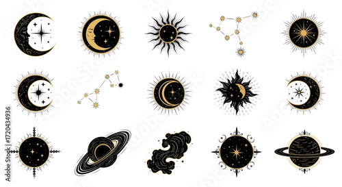 A set of elegant gold and black celestial symbols, including crescent moons, shining suns, twinkling stars, constellations, and cosmic elements, ideal for mystical and astrological themes