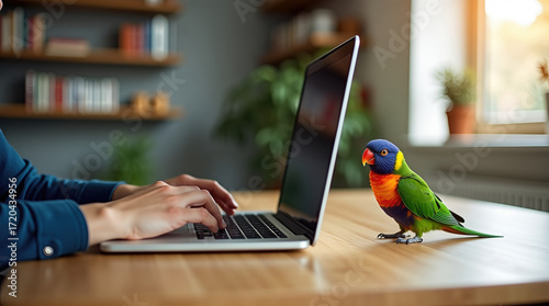Laptop and parrot in cozy workspace environment. Laptop and parrot create vibrant vibe, coding on wooden desk, natural light streaming from nearby window.