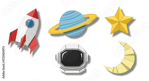 Space Exploration Icons Rocket, Planet, Star, Astronaut Helmet, and Crescent Moon Design