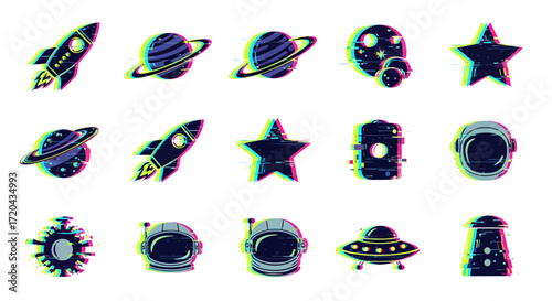 Space Exploration A Collection of Glitch-Style Icons