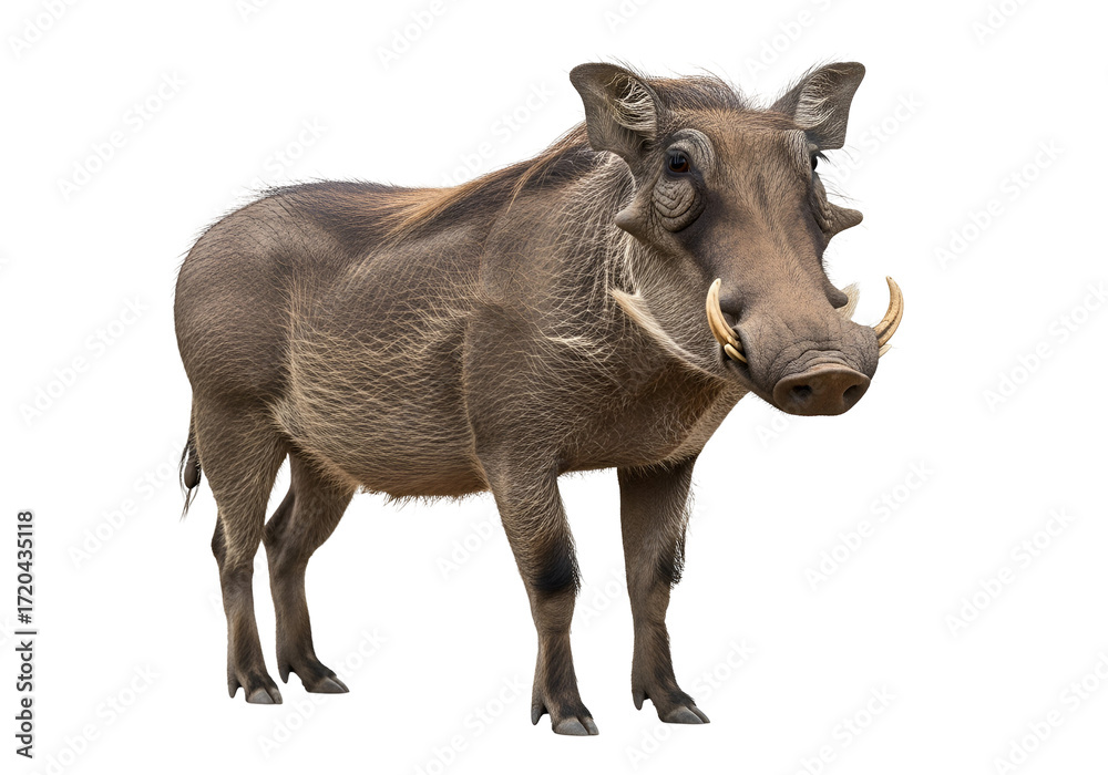 Fototapeta premium A full shot of a warthog, showcasing its distinctive features and textures against a stark black background.