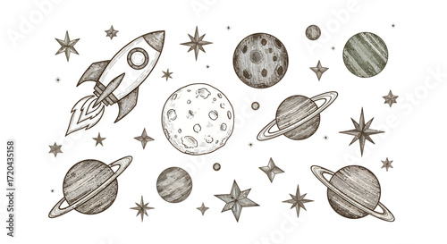 Hand-Drawn Space Rocket and Planets Illustration