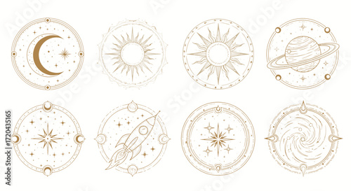 Celestial Sun, Moon, Stars, Planets, Rocket Vector Graphics