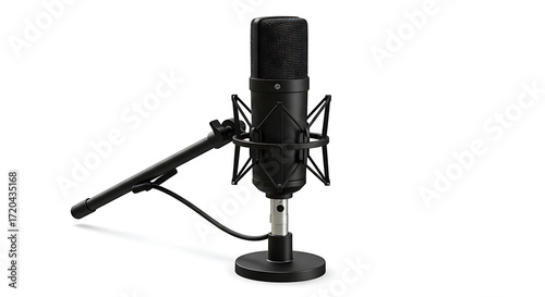 Black condenser microphone on a desk stand with a shock mount isolated on white background