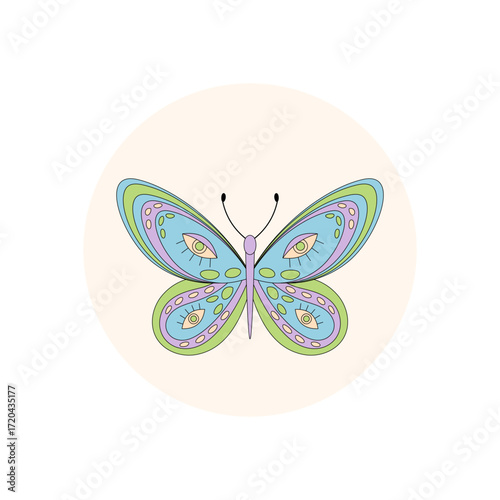 Groovy colorful butterfly in retro circle badge sticker. Funky cute sticker forms a playful y2k label, with icon style as a fun groovy element or lid accent.