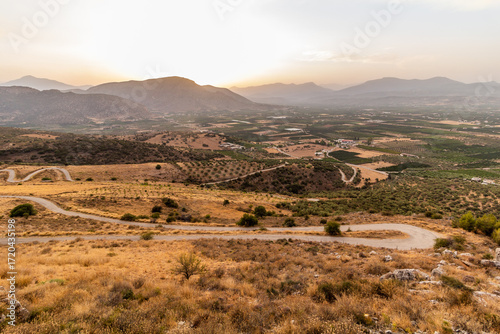 Sunset aerial view of landscape near Argos on Peloponnese peninsula, Greece