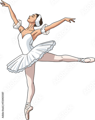 Ballerina performing arabesque pose illustration, elegant white tutu and ballet shoes, graceful dance posture, vector cartoon character, classical ballet performance art scene