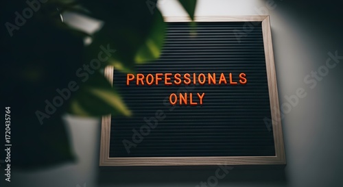 Close-up shot of a black letter board with the words 'Professionals Only' in orange letters.